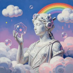 surreal gouache painting, clouds, vaporwave marble statue, ruan jia, conrad roset, bubbles, orbs, incredibly detailed, floating molecules and a mannequin artist holding an icosahedron with stars, clouds, and rainbows in the background, retrowave, modular patterned mechanical costume headpiece, masterpiece, minimalistic
