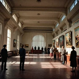60s movie still of a sovietic art museum interior, cinestill 800t 10mm eastmancolor, liminal Space style, heavy grain, panoramic
