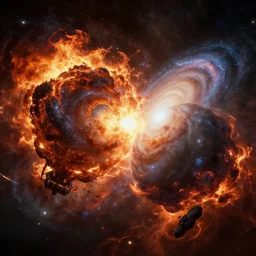 two galaxies crushing each other, galactic conquest, hell, fire, inferno, explosion, atomic bomb, dreamcore, realistic, doom, catastrophe, insanity, cinematic, end of humanity, 8 k, hdr, very detailed