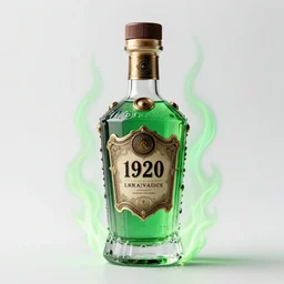 product photo of a luxury decorated steampunk crystal liquor bottle filled with green glowing liquid, green flames around the bottle, label is retro 1 9 2 0, white background
