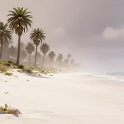 dreamy white sands beach with palm trees landscape, apocalyptic. len blur background bokeh. art by ismail inceoglu, filip hodas, and pixar.