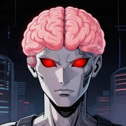 a malevolent digital intelligence, portrait of ai, digital human brain, red eyes, hi tech, futurism, rhads!!!, ominous, digital science fiction realism, urban fantasy, saturday morning cartoon, clean linework, ( alexander archipenko ), western animation
