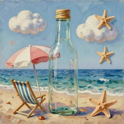 a landscape bottle of sea, beach umbrella, starfish, beach chair cloud, starfish, oil painting, intricate, dreamy aesthetic, highly detailed, octane render, unreal engine 5, by danton fadeev