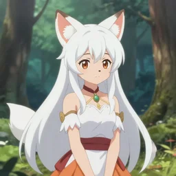 a cute white long haired anime foxgirl in a forest, Krenz Cushart, Ross Tran