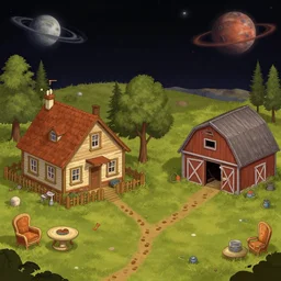 next to a farm house and a barn, with foot prints leading from the house to the barn, on a remote planet, with retro sci fi furniture, from a space themed point and click 2 d graphic adventure game, detailed, set design inspired slightly by hg giger, art inspired by thomas kinkade