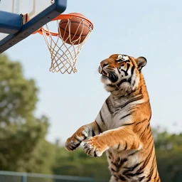 a photorealistic picture of a tiger dunking a basketball outdoors Trending on Artstation, featured on Behance, well-rendered, fine detail, extra crisp image, Unreal Engine, 4K HD