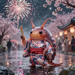 a beautiful tardigrade!!! wearing a kimono at a fireworks sakura festival. rainy, dreamlike art, mist, realistic shaded, fine details, 4 k realistic, cryengine, realistic shaded lighting poster by greg rutkowski, magali villeneuve, artgerm, jeremy lipkin and michael garmash and rob rey