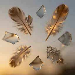 glass shards, irregular non-symmetrical fractals of golden hour feathers, motion blur, distortion