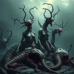 sirens, carcasses, rot, character design, detailed rendering, realistic smooth detailed art, complex lines, concept art, scene art, panorama. - 4 n