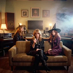 award - winning colour portrait of occult dadcore wizards and momcore witches in a bedroom recording studio, kodak portra 4 0 0, 1 9 6 0 s room, 1 9 6 0 s couch, retro synthesizers, retro hi - fi gear, retro audio recording gear, square picture frames, haze, shining lamps, smoke, fog