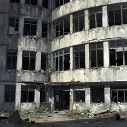 an abandoned building with lots of windows and debris, a matte painting by kume keiichiro, pixiv, deconstructivism, photo taken with ektachrome, high dynamic range, pixiv