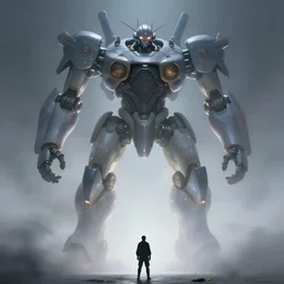 a giant robot, silhouette of a small man below, ominous, ethereal, misty, volumetric fog, beautiful specular illumination, smooth, dynamic, artstation, octopath traveler, by tuomas korpi, unreal engine 5, 8 k
