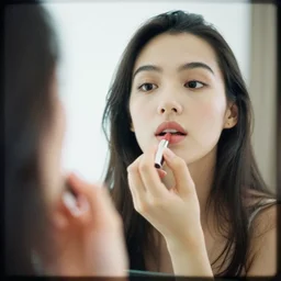 a close - up of young woman looking in rear view mirror doing makeup, applying lipstick illuminated by a soft, ethereal light. k 4, kodak portra 4 0 0