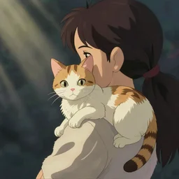 a calico cat on a eurasian girl's shoulder miyazaki ghibli