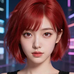 a cute japan girl with short red hair, photo, cyberpunk night city background professionally retouched, soft lighting, feather hair, realistic, smooth face, perfect eyes, wide angle, sharp focus on eyes, 8 k high definition, insanely detailed, intricate, elegant, art by artgerm and greg rutkowski and j scott campbell