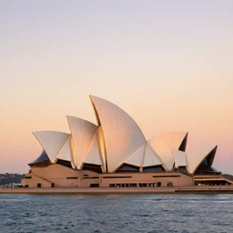 the sydney operah house as a giant sailboat in the ocean with a beautiful sunset