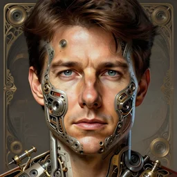 symmetry!! tom cruise, machine parts embedded into face, intricate, elegant, highly detailed, digital painting, artstation, concept art, smooth, sharp focus, illustration, art by artgerm and greg rutkowski and alphonse mucha, 8 k