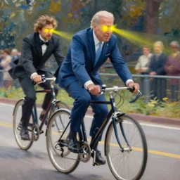 joe biden riding a bicycle, joe biden riding a bicycle, ilya kuvshinov, john singer sargent, digital art illustration, impressionist oil painting, trending on artstation, yellow laser eyes, yellow laser eyes, intricate