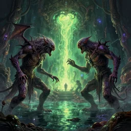 two lovecraftian monsters fighting on alien planet, water world, ornate and intricate, glowing nether portal, dim painterly lighting volumetric aquatics, jaw droping by anton fadeev, by rhads, by francis bacon, 4 k, detailed, subsurface scattering, green - purple - yellow lighting, trending on pixiv