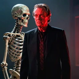 Jack Nicholson plays Terminator, his one yes glow red, scene where his endoskeleton gets exposed, still from the film