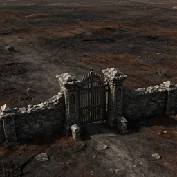 Render of a large scale desolated, burnt field landscape with a dark stony gate as a centerpiece. Stylized. Digital art. Medieval. Highly detailed. Gritty. Stone