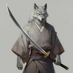masterpiece painting of a Kimono wearing Werewolf with a large Katana, light grey fur, featured in artstation, concept art by Greg Rutkowski, WLOP, Dan Mumford, Christophe Vacher