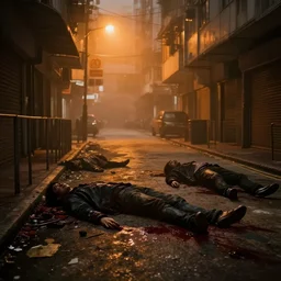 dirty, dark, streets of Hong kong, a creepy orange mist through the streets, blood puddles on the floor, debris on the floor, cinematic lighting, corpses on the floor