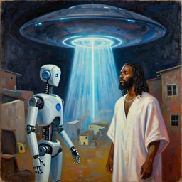 robot in Ajegunle slum of Lagos conversing with African Jesus Christ about beauty under a large UFO beaming a neon ray, painting by Robert Rauschenberg, in the style of Estate (1963), oil and silk screen on canvas,
