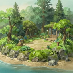 partly underwater, partly shore civilization made of rocks and sand, fanvy style garden, algae - trees, evergreen, patio, garden, wet atmosphere, tender, soft light misty, by hayao miyazaki