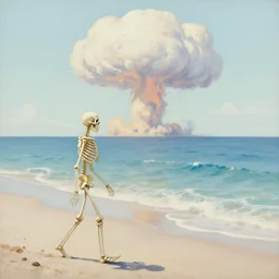 a skeleton walking on a beach next to the ocean with nuclear bomb explosion in the background, a naturalism painting by Storm Thorgerson, featured on cg society, matte painting, realistic, chillwave, anatomically correct, light colors, photo-realistic huge mushroom-cloud in the distance