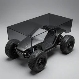 dark glass and plastic rectangular box - shaped car with fat tires and exposed carbon fibre generative design structure, insect - like