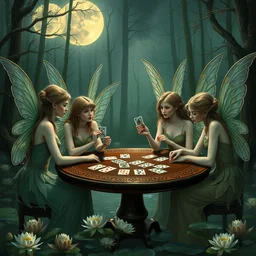 a group of gracious winged fairies playing cards on a table in an atmospheric moonlit forest next to a beautiful pond filled with water lilies, artwork by ida rentoul outhwaite, realistic female faces, holding cards, blackjack