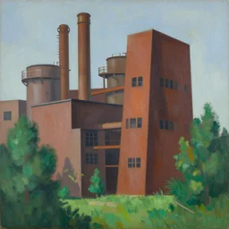geometric painting of industrial buildings surrounded by undergrowth by john currin