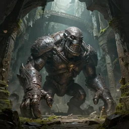 massive iron golem guarding an ancient temple, in the style of bastien lecouffe - deharme, epic fantasy art, highly detailed and intricate, underground, depth of view, crumbled bridge in the background, moss on the walls