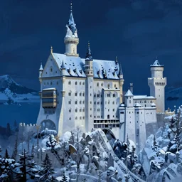 a painting of a castle in the middle of a snowy mountain, a detailed matte painting by andreas rocha and greg rutkowski, pale blue lighting, night time, midnight, featured on artstation, fantasy art, matte drawing, matte painting, artstation hq