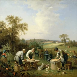 Dutch landscape oil painting from 1600s: People baking Pizza in a garden