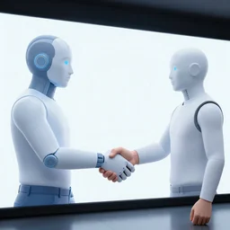 a real person shakes hands with an artificial intelligence through a giant display
