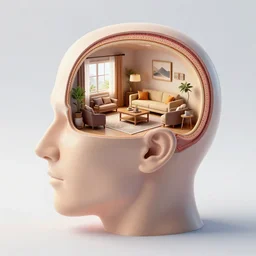 cross section of human head with miniature living room inside, unreal engine, 12k