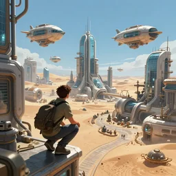 Point of view camera shot of a young man crouching on the ledge of a tall building peering at an advanced high tech Sci fi bustling steampunk city with flying air ships over it and tall glass buildings located in a sand desert, bright sunny day blue sky, digital painting, artstation, matte painting, highly detailed, intricate, concept art, game art, octane render, 8k, unreal engine