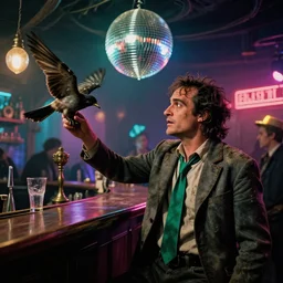 the wide shot of unkempt drunkard ( ( ( ( ( ( joaquin phoenix ) ) ) ) ) ) with sideburns worn in old grey jacket with emerald tie stealing bird from steampunk bartender disco elysium movie with cinematography of christopher doyle, neon light, discoball, anamorphic, optical flares, award - winning photo, kodak film, masterpiece, 8 k
