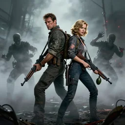 humphrey bogart and lauren bacall, battered, carrying machine guns and grenades, back to back, and disturbing shapes come out of the fog. Silent hill, resident evil. Octane render, studio lighting.