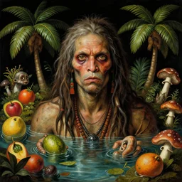 a close - up portrait of a tropical zombie shaman surrounded by water, colorful fruit, palm trees and mushrooms. black background. highly detailed science - fiction fantasy painting by norman rockwell, moebius, frank frazetta, syd mead, and stanislaw fernandes. rich colors, high contrast. renaissance masterpiece. artstation
