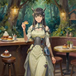 viking scifi pastry chef in a forest cafe, wearing a lovely dress with cyberpunk elements. this oil painting by the award - winning mangaka has an interesting color scheme and impeccable lighting.