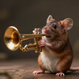 a mouse playing a trumpet, cinematic, professional photography, close - up