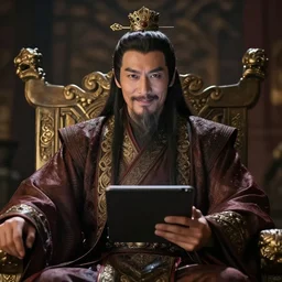 ultra - detailed portrait photo of tai smart and handsome warlord who sits on the throne. he looks forward and think of writing something on his tablet in his hand. he is smiling with his ideas and look to the camera that is right in front of him. lighting dim