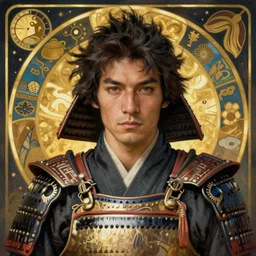 realistic hyper detailed portrait of a samurai warrior by Alphonse Mucha and Charlie Bowater and art germ, rule of thirds, samurai armor, japanese patterns, golden ratio, portrait style with the subject in the middle of the frame