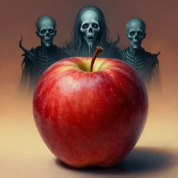 something strange on my apple, close up of an apple, by zdzislaw beksinski, by dariusz zawadzki, by wayne barlowe, gothic, surrealism, cosmic horror, lovecraftian, cold hue's, warm tone gradient background, concept art, beautiful composition