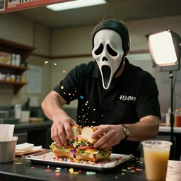 film still of rip taylor working at subway throwing confetti on sandwiches in the new scream movie, 8 k, 8 5 mm f 1. 8, rim light, right side key light