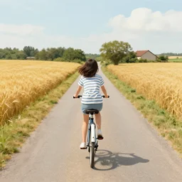 a girl wearing stripes riding a bicycle down a quiet Village Road with wheat fields on either side, award winning fantasy art