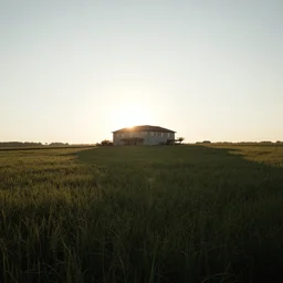 A serene landscape with a singular building in the style of backlit.